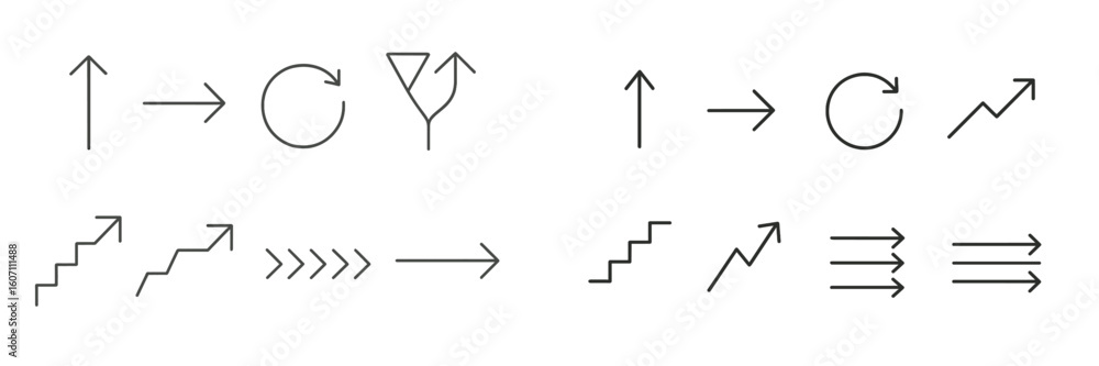 Poster collection of simple line symbols and arrows illustrating various directional movements and patterns