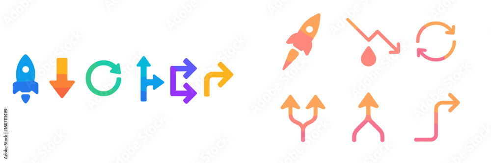 Poster colorful vector icons representing movement, direction, and transformation in a modern design style 