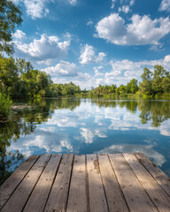 Serene summer lake calm water reflecting blue sky, wooden dock, lush green trees, peaceful nature landscape
