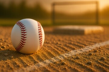Baseball resting on the infield dirt during golden hour sunset
