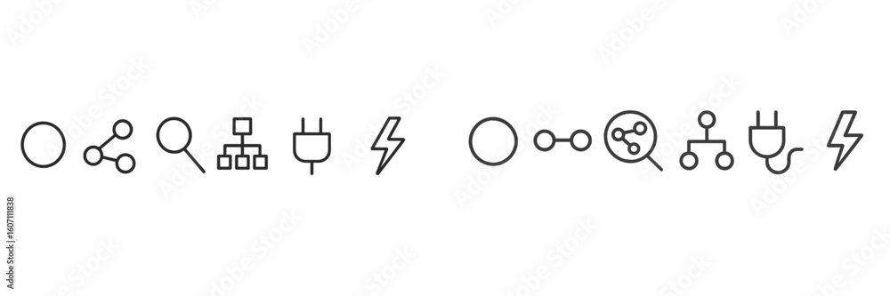 Poster collection of minimalistic icons representing technology and energy concepts displayed on a neutral 