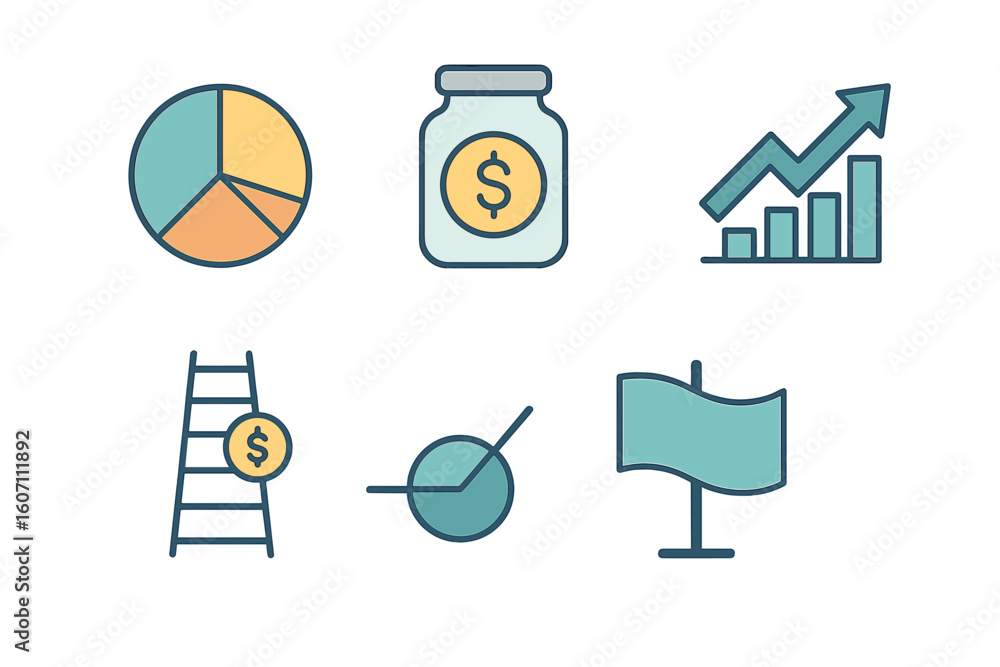 Poster visual representation of financial growth through charts, graphs, and symbols of currency and progre