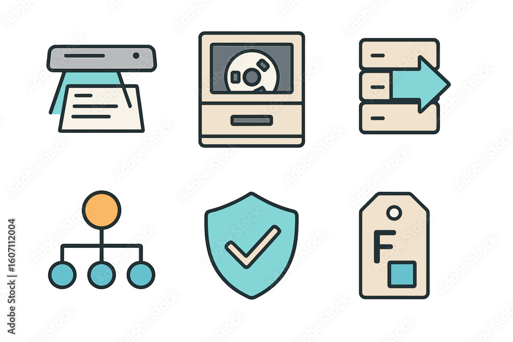 Aufkleber visual representation of various icons related to technology, business, and organization concepts in
