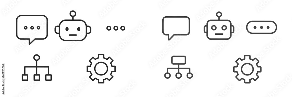 Poster conversation and process flow design elements featuring chatbots and gears in minimalist style