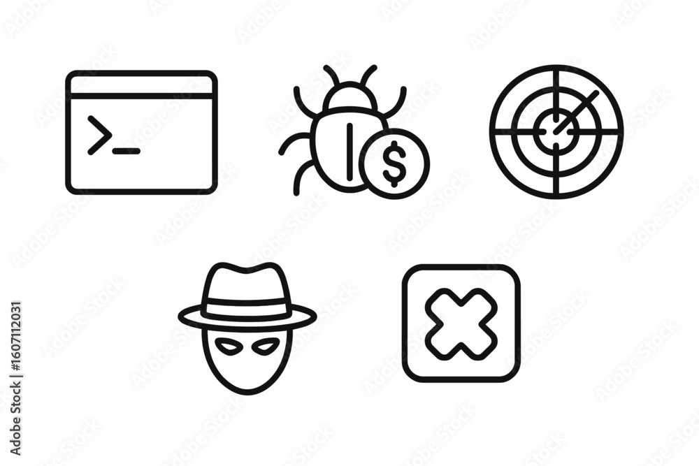 Poster icons representing cybersecurity concepts including coding, malware, and threat detection in a moder