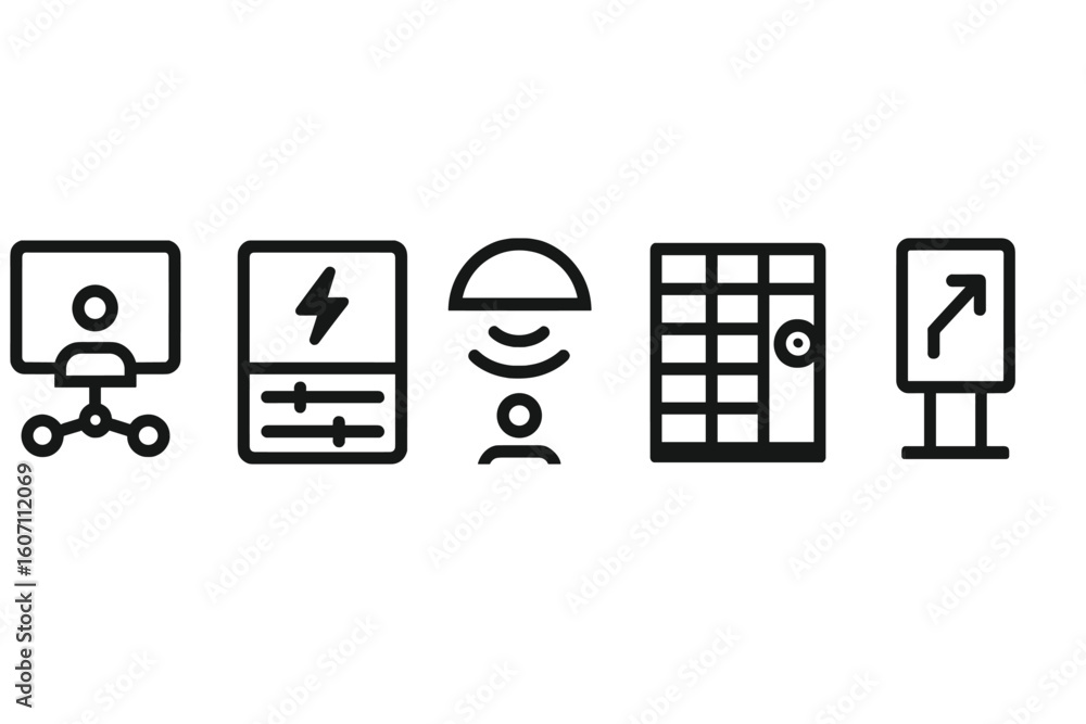 Poster design elements featuring various icons for technology and connectivity in a modern workspace enviro