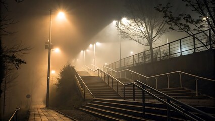 A foggy night scene with street lights illuminating a staircase leading up a path in an urban environment transparent background