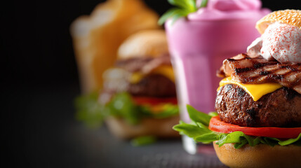 Appetitlicher Burger mit Fleischpatty und buntem Milchshake im Hintergrund