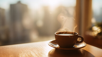 A steaming cup of coffee on a cafe table, warmed by morning sunlight.