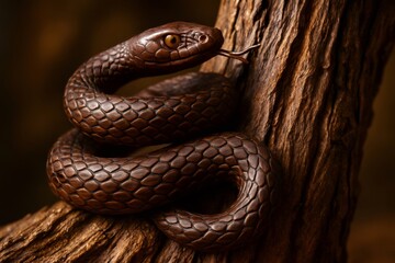 Fototapeta premium Wooden snake slithering on a piece of wood