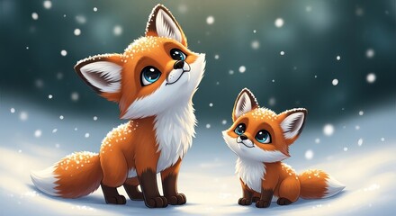 Obraz premium Adorable cartoon foxes with big blue eyes looking up in a snowy winter forest