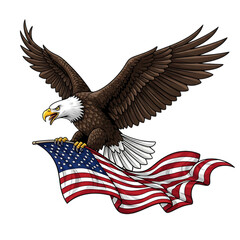 Majestic bald eagle soaring with american flag on black background © SUMSUL