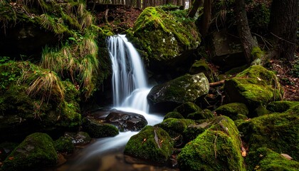 Obraz premium Cascading waterfall in a mossy forest