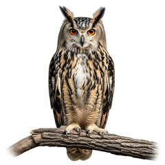 Naklejka premium Majestic eurasian eagle owl perched on a branch against a black background