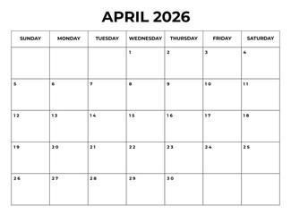 Printable April 2026 Calendar with Daily Boxes Week Starts from Sunday