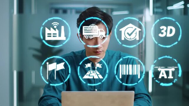 Exploring Modern Technology Digital Icons of Industry, Logistics, Quality Control, 3D Printing, and AI in Contemporary Office Setting