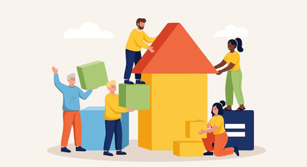 Diverse Team Constructing Symbolic House from Colorful Geometric Blocks Representing Unity, Equality, and Collaboration in Stylized Vector Illustration