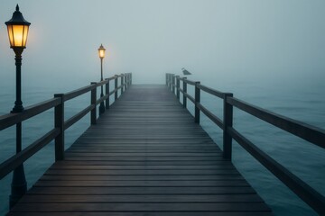 Obraz premium Long wooden pier disappearing into the fog with glowing lamps