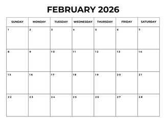 Printable February2026 Calendar with Daily Boxes Week Starts from Sunday