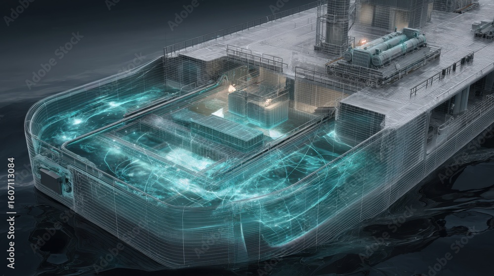 Poster wireframe visualization displaying a barge with an integrated environmental monitoring system, captu
