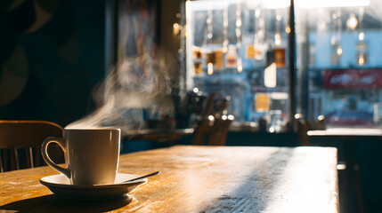 A steaming cup of coffee on a cafe table, warmed by morning sunlight.
