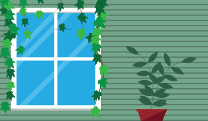 Window of a Private House with Decorative Ivy and Plants. Buildings and architecture, cozy rural living vector art