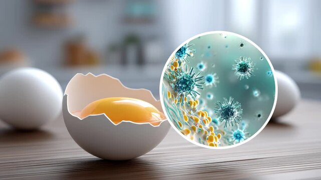 Cracked raw egg on a kitchen counter, with a zoomed-in circle revealing bacteria like salmonella and listeria on the eggshell surface, highlighting food contamination risks from uncooked eggs