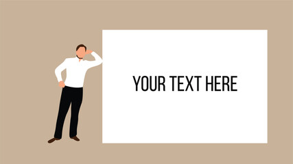 Business Man Leaning on Blank Ad Poster Copy Space. People and advertisement campaign vector art, announcement space