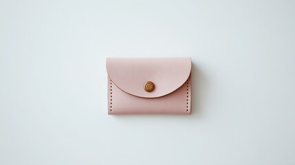 A minimalist leather card case with an envelope-shaped opening, soft pastel pink hues, subtle grain texture, two metal button-style pins on front, and an embossed pocket for elegant luxury.