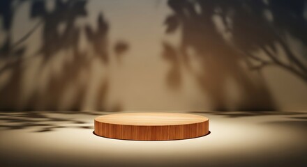 A rustic wooden podium stands centered on a warmtoned stage, casting intriguing leaf shadows from overhead foliage, creating an inviting and natural display setting