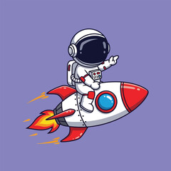A cute cartoon astronaut joyfully rides a red and white rocket ship through space, leaving a trail of fire and smoke behind.