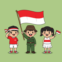 Three cartoon children celebrating with Indonesian flags, saluting and holding them proudly.