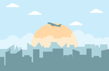 Cityscape with Haze and Flying Airplane in the Sun. Cities and industry concept vector art, industrial illustration