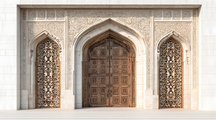Obraz premium Ornate Wooden Double Doors with Intricate Stone Carvings and Decorative Metal Grilles Islamic architecture