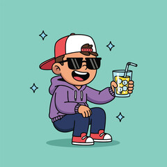 A cool cartoon boy in a hoodie and sunglasses squats while holding a refreshing drink.