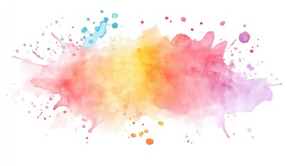 Fototapeta premium Abstract watercolor splatter art. Soft, blended hues of pastel colors, including pink, orange, yellow, and blue, create a dynamic, flowing form. Small, scattered dots and splatters add texture