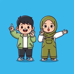 Two cartoon children, a boy and a girl, happily gesturing against a blue background.