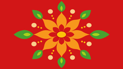 Red Background Orange Yellow Green Floral Rangoli Design