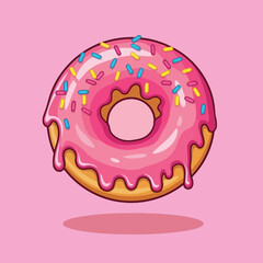 Cartoon illustration of a glazed donut with pink frosting and colorful sprinkles, set against a pink background.