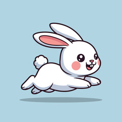 A cute, fluffy white bunny with pink ears and rosy cheeks joyfully leaping forward against a soft blue background