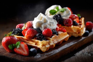 Golden waffles piled high with fresh berries and whipped cream on dark wood