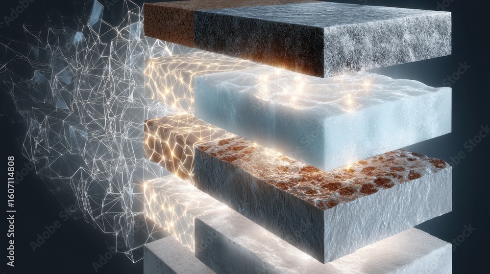 Poster exploded view showing different layers of material transforming from ceramic slurry to frozen brick,