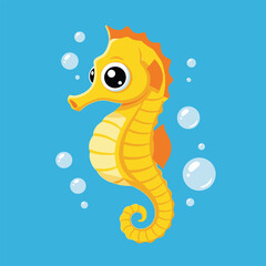 Cartoon illustration of a bright yellow seahorse swimming in blue water surrounded by floating bubbles.