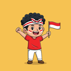 Cartoon boy in Indonesian colors, holding a flag, celebrating.