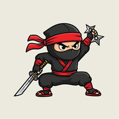 Cartoon ninja character in black attire, poised with shurikens and sword, ready for action.
