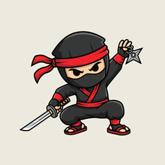 Cartoon ninja in a fighting pose, holding a sword and throwing star, wearing a black suit and red headband.