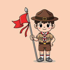 A cute cartoon boy scout in his uniform and hat stands smiling while holding a red flag.