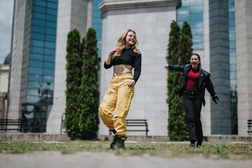 Two cheerful friends are enjoying a sunny day, laughing and having fun outdoors in an urban...