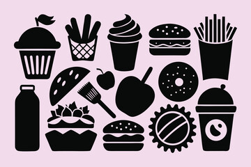 Black silhouette food icons on light purple background seamless pattern design