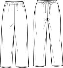 Straight leg pants with drawstring waistband, elastic waist, minimal seam details, front and back flat vector cad sketch illustration
